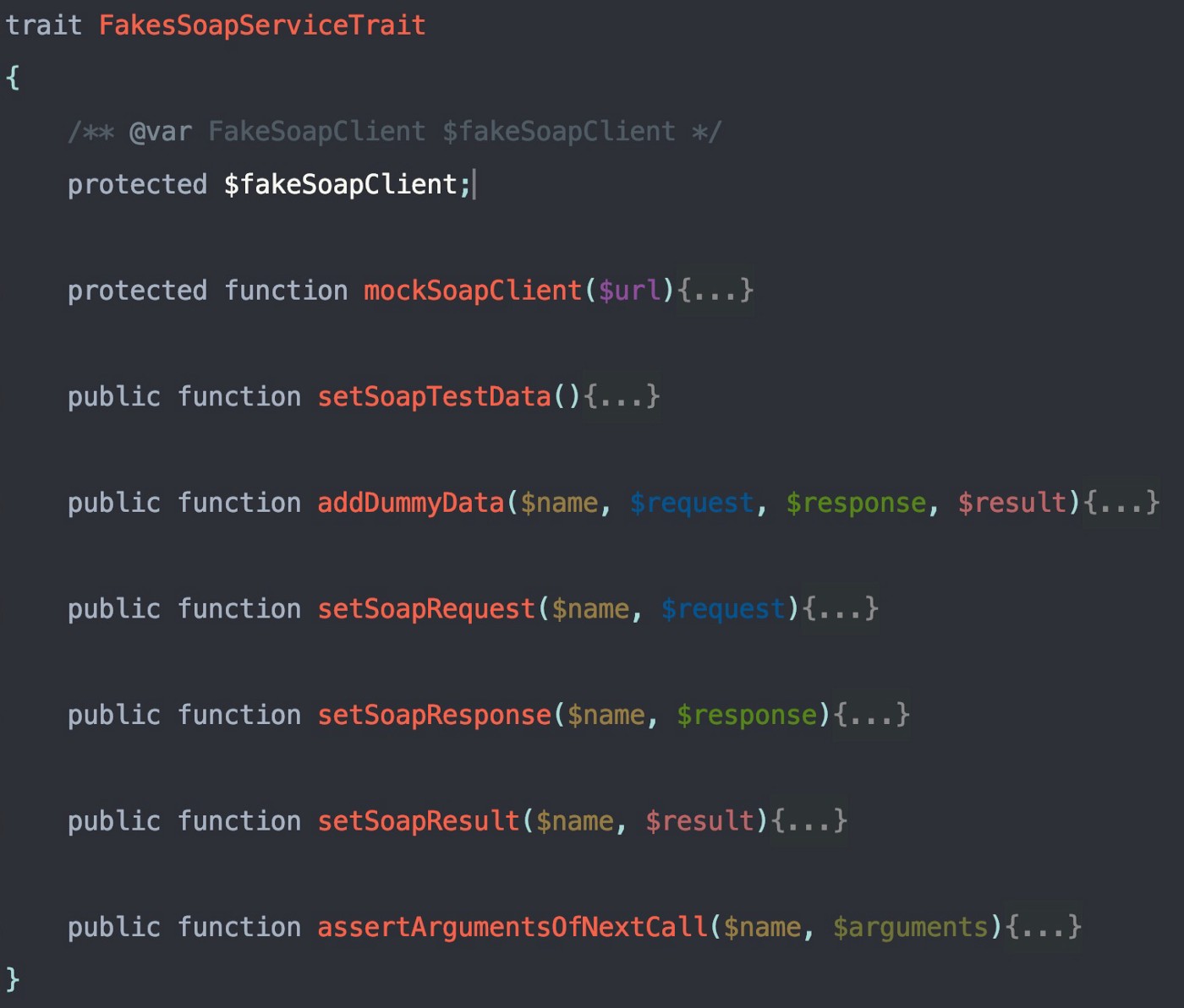 A sample trait which provides data to a fake service and gives the test case the ability of making custom assertions based on the fake service